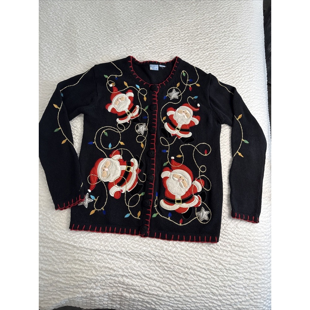 Holiday Editions Women's Christmas Cardigan Black Santa Embroidered Sweater